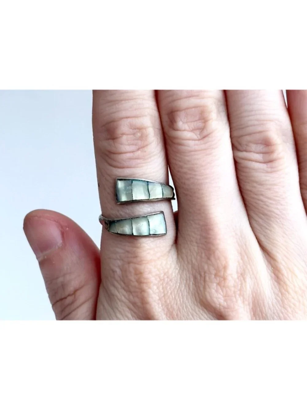 Mother of Pearl Inlay Wrap Taxco, Mexico Sterling Silver 925 Vintage Ring - sz 8